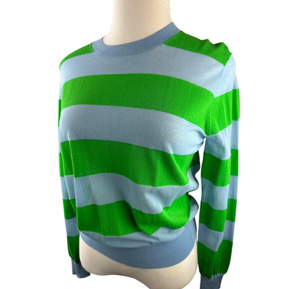 Diane Von Furstenberg Blue & Green Striped Top LS Mesh Sheer Stretch Medium - Picture 2 of 13
